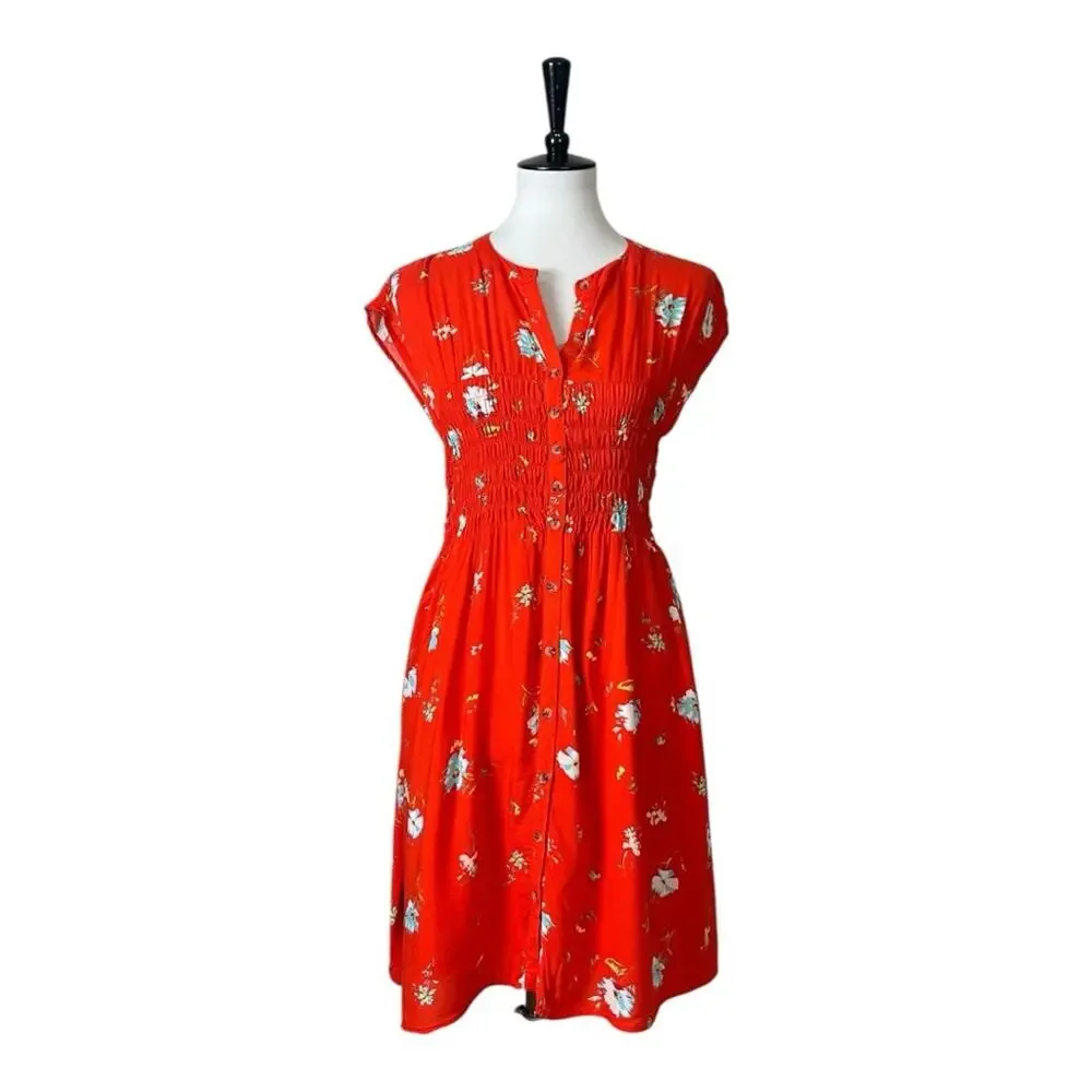 Free People Dress Smocked Waist Button Front Red Floral Women’s Size Medium